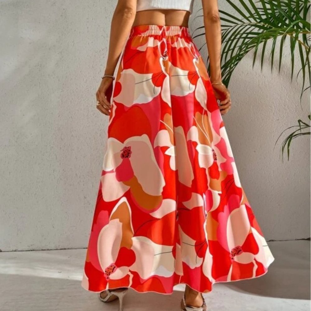 Boho Floral Tropical Maxi Skirt Vacation RED - Picture 9 of 9